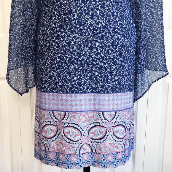 MSK Navy Print V-Neck Statement Sleeve Tie Back Mini Dress Medium - Picture 16 of 16